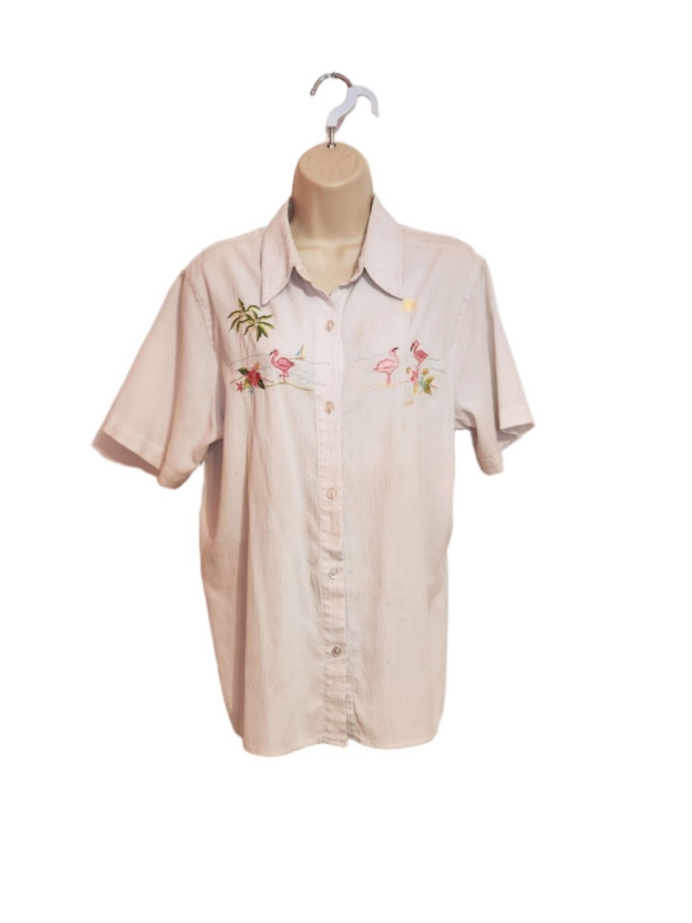 Alfred Dunner Button Front Shirt Off White Pink Flamingo Embroidery Size 16